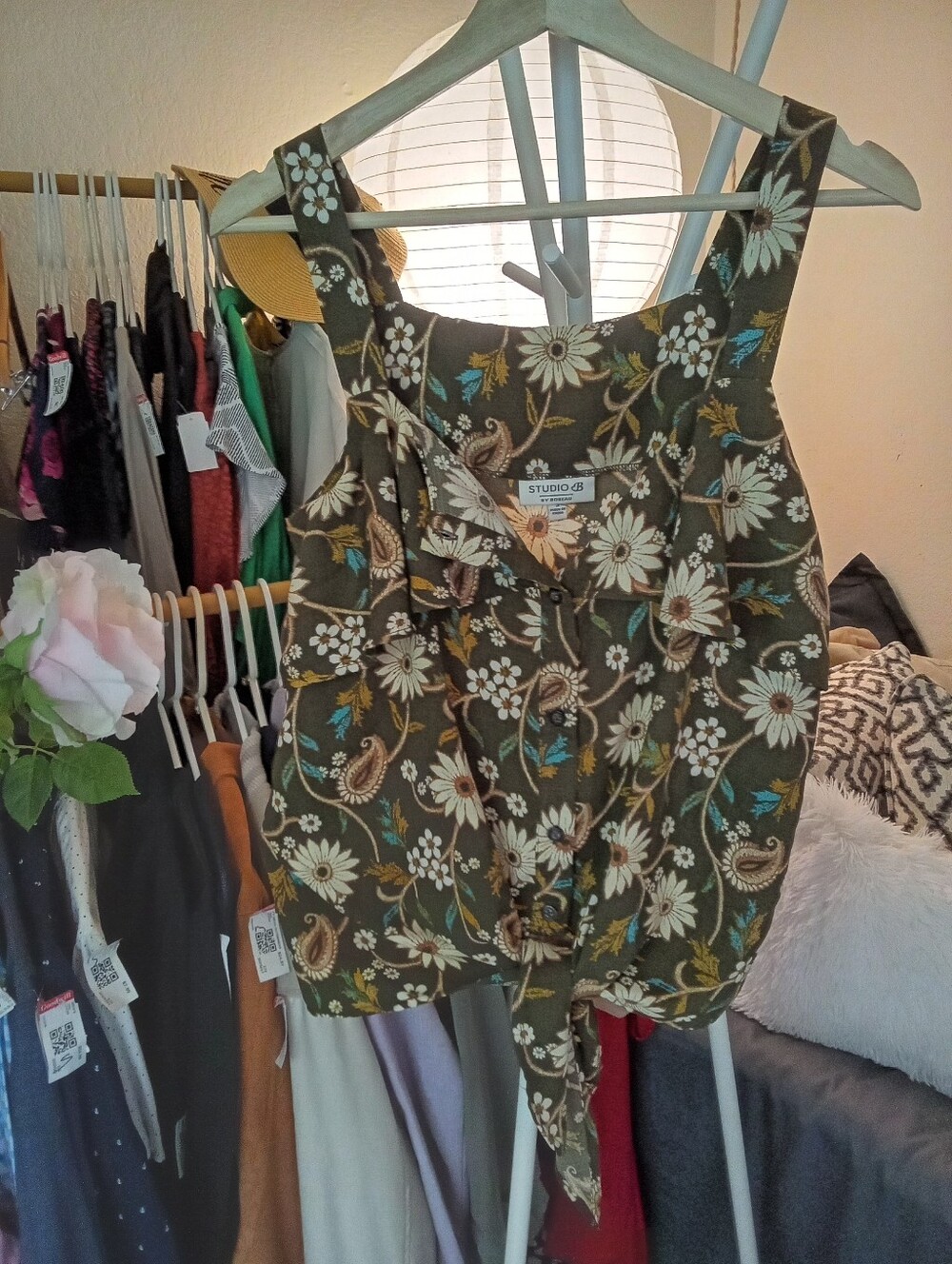 Studio B By Bobeau Boho Floral Tie-Front Ruffle Camisole